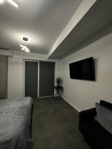 sypialnia z łóżkiem i telewizorem z płaskim ekranem w obiekcie Toader`s Studio Promenada w mieście Năvodari