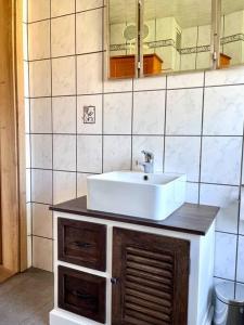 a bathroom with a sink and a mirror at Haus Caroline in Hallschlag