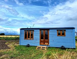 a blue tiny house in the middle of a field at Luxury Farm Breaks in Wisbech