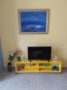 a television sitting on top of a yellow entertainment center at Amor de Skioni in Nea Skioni