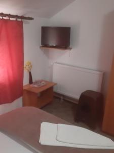 a room with a bed and a desk and a television at Casa Ioana in Căpăţîneni-Pămînteni