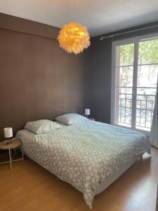 um quarto com uma cama e um lustre em Vivez au coeur Historique - St François - Grand appartement confortable em Le Havre