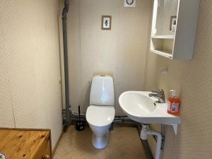 a small bathroom with a toilet and a sink at Red little cottage located in the forest and next to a small lake in Örsjö
