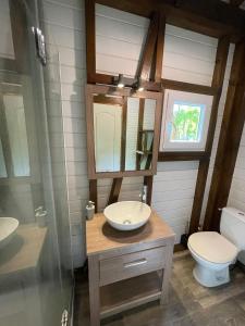 a bathroom with a sink and a toilet at Bungalow à flanc de colline in Le Morne Rouge