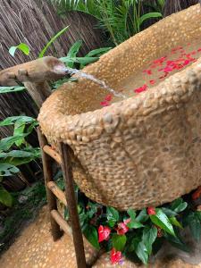 un oiseau assis sur une chaise en osier avec des fleurs dans l'établissement Villa Fulô, à Caraíva