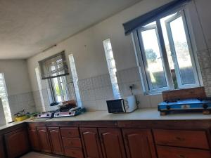 cocina con encimera, microondas y ventanas en NR appartments, en Curepipe