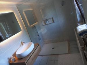 uma casa de banho com um lavatório e um chuveiro em Homestay Zajec em Grosuplje