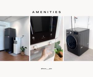 een collage van drie foto's met een magnetron en een wasmachine bij Future Plan Airbnb in Tawau