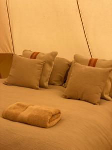 uma cama com almofadas e um cobertor em Wheeldon Escapes em Totnes