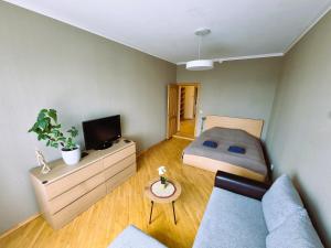 a small room with a bed and a tv at Great View Meridianas Apartment in Klaipėda