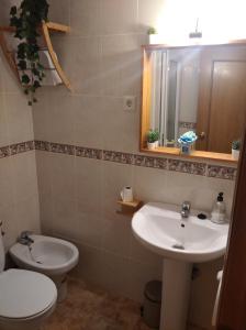un bagno con lavandino, WC e specchio di La Perla Negra en Cabo de Palos a Cabo de Palos