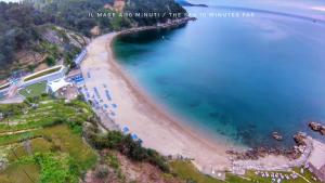 una vista aerea su una spiaggia e sul mare con un molo di Luxury Loft Lerici "Il vecchio frantoio" a Lerici