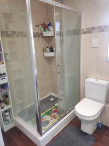 uma casa de banho com um chuveiro e um WC. em Room in private house near Reading University em Earley