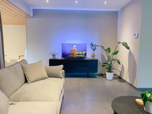 een woonkamer met een bank en een flatscreen-tv bij Beautiful Villa with swimming pool in Zonhoven in Genk