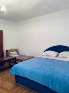 a bedroom with a blue bed and a chair at Seoska Kuća in Cetinje