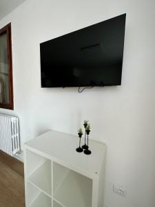 a tv on a wall with two plants on a white table at In Mezzo All'Aria Apartment in Mezzolara