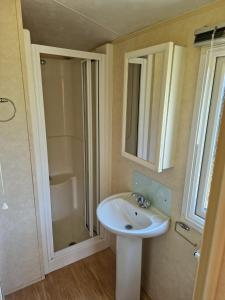 W łazience znajduje się umywalka i prysznic. w obiekcie Cruachan Caravan and Camping Farm w mieście Killin