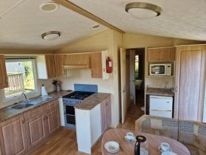 a kitchen with a sink and a stove top oven at Cruachan Caravan and Camping Farm in Killin