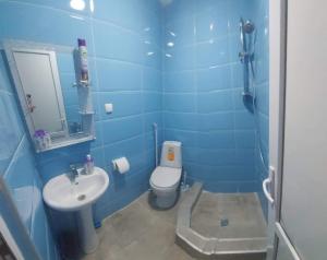 a blue bathroom with a toilet and a sink at Luka in Tbilisi City +39 photos