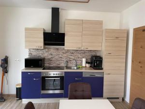 a kitchen with a blue stove and wooden cabinets at Appartment David in Dieschitz