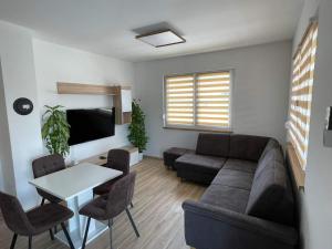 ein Wohnzimmer mit einem Sofa und einem Tisch in der Unterkunft Appartment David in Dieschitz