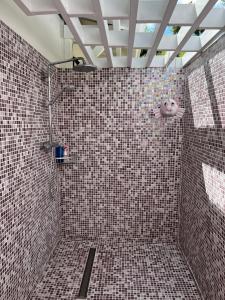 een badkamer met een douche en betegelde muren bij Kazarev in Terre-de-Haut