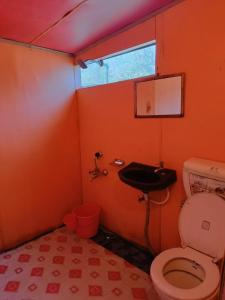 an orange bathroom with a toilet and a sink at Hotel Island in Srinagar