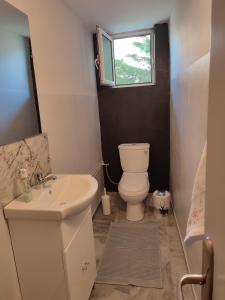 a bathroom with a toilet and a sink and a window at Panorama house leika kalamatas in Kalamata