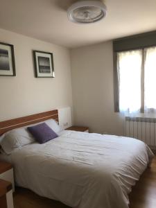 ein Schlafzimmer mit einem weißen Bett und einem blauen Kissen in der Unterkunft Casa Candelaria in Arguedas