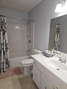La salle de bains est pourvue de toilettes, d'un lavabo et d'une douche. dans l'établissement Beautiful Home Away From Home, à Winnipeg