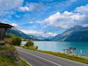a road next to a lake with mountains at Hotel Wildbach Brienz in Brienz