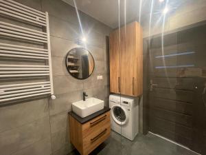 uma casa de banho com uma máquina de lavar roupa e um lavatório em Apartamet Poezji A04 Blue em Gliwice