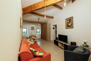 a living room with a couch and a tv at Chez Janick & Hervé in Lemps