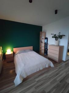sypialnia z dużym łóżkiem i zieloną ścianą w obiekcie Chill Studio w Łodzi