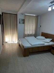 a bedroom with a large bed and a window at CAZARE Centrum in Curtea de Argeş
