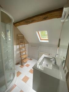 ein Bad mit einem Waschbecken und einer Dusche in der Unterkunft Pavillon d’entrée du château de Bouesse in Bouesse