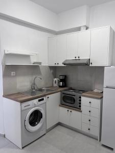 a kitchen with a washing machine and a sink at Kallithea Beach Apartments in Myrtos