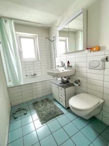 ein Badezimmer mit einem WC, einem Waschbecken und einem Spiegel in der Unterkunft Suite Room in shared apartment with Mt Rigi View in Goldau