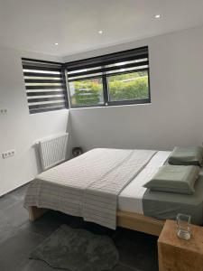 1 dormitorio con 1 cama grande y 2 ventanas en Bed&Breakfast Durbuy, en Durbuy