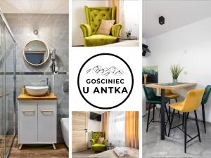 un collage de imágenes con una silla amarilla y un baño en Gościniec u Antka, en Poronin