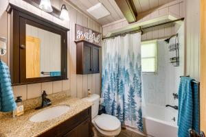 a bathroom with a sink and a toilet and a shower at North Haverhill Cabin with Fire Pit and Grill! 