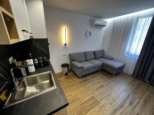Una cocina y una sala de estar con un sofá y un fregadero. en Alvi Apartment, en Tirana 4 fotos más