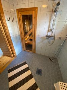 a bathroom with a shower with a wooden door at Northern Light Villa Ylläs with a Jacuzzi in Ylläsjärvi