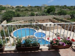 einen Balkon mit Pool und Blumen in der Unterkunft Zerniq Misrah Simar in Qala