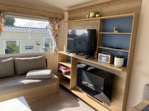 a living room with a fireplace and a tv at Combe Haven in Hastings