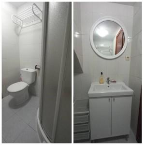 two pictures of a bathroom with a toilet and a sink at La casa del Puente in Candeleda