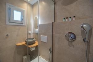 W łazience znajduje się prysznic ze szklanymi drzwiami. w obiekcie Disis Residence w mieście Naksos