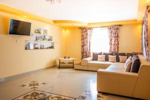 a living room with a couch and a tv at Pensiunea Aura Deltei in Murighiol