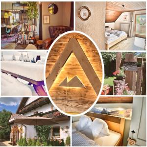 a collage of photos of a house with a triangle at Gasthof Auwirt in Sankt Michael im Lungau