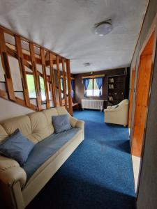 a living room with a couch and blue carpet at Pension Piana in Pec pod Sněžkou